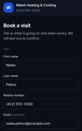 Walsh Heating & Cooling's booking page on a phone: Book a visit, with Nadia Petrov's name and mobile number filled in.