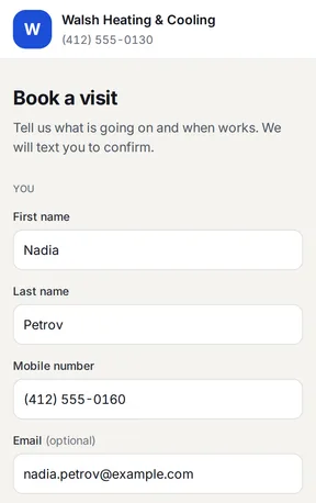 Walsh Heating & Cooling's booking page on a phone: Book a visit, with Nadia Petrov's name and mobile number filled in.