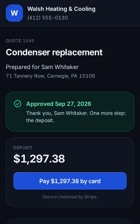 The homeowner's quote page after approval: thanks, one more step, and the $1,297.38 deposit with a Pay by card button.