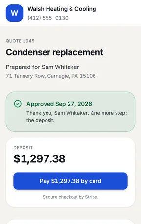 The homeowner's quote page after approval: thanks, one more step, and the $1,297.38 deposit with a Pay by card button.