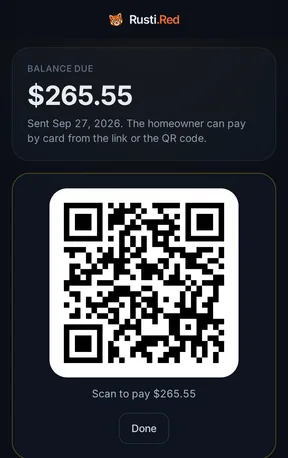An invoice on the tech's phone: $265.55 due, and a QR code the homeowner scans to pay by card.