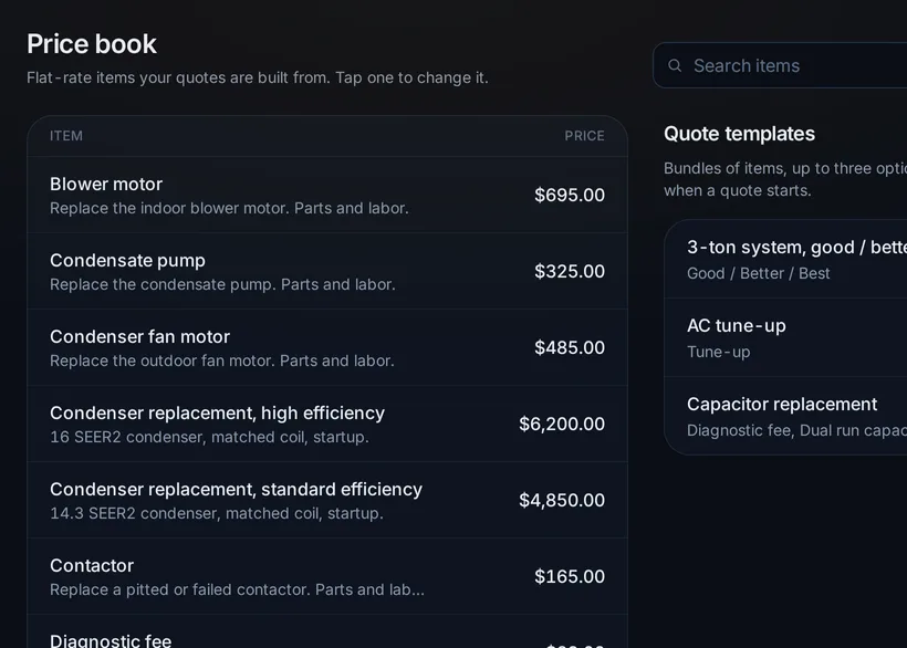 The starter price book: blower motor, condensate pump, condenser fan motor and more, each with a price, beside the starter quote templates.