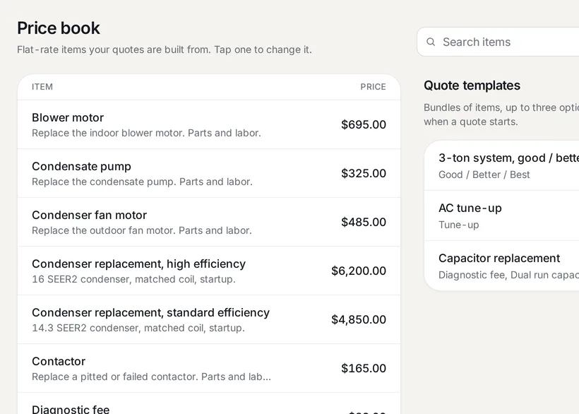 The starter price book: blower motor, condensate pump, condenser fan motor and more, each with a price, beside the starter quote templates.