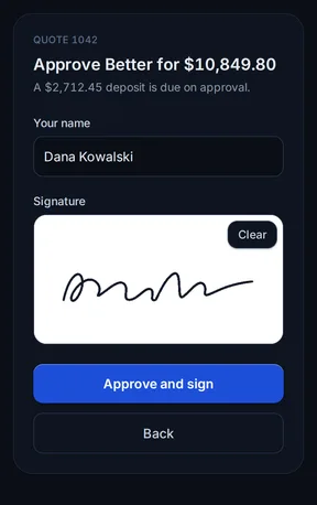 The signing card on a phone: approve Better for $10,849.80, the name Dana Kowalski, and a signature.