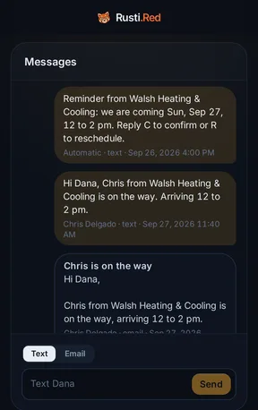 Dana's text thread on a phone: the reminder the day before her visit, and Chris's on-my-way text with the arrival window.