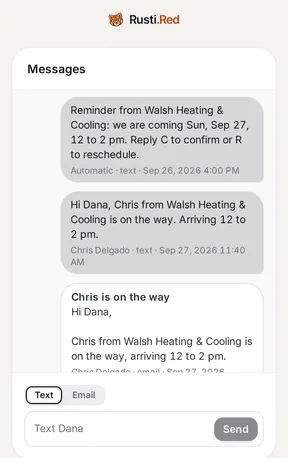 Dana's text thread on a phone: the reminder the day before her visit, and Chris's on-my-way text with the arrival window.