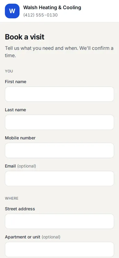 The shop’s booking page