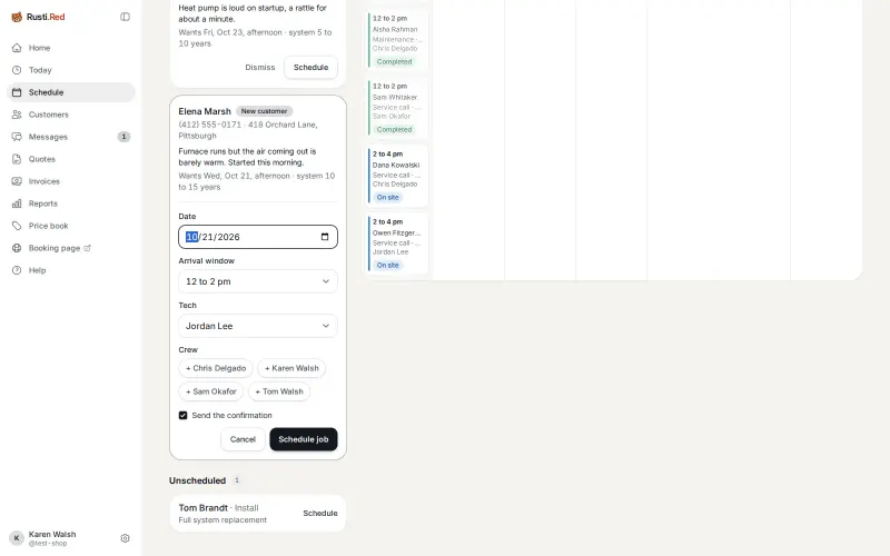 Schedule: date, window, tech