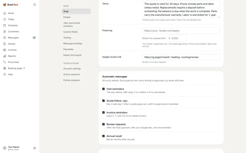 Money defaults and automatic messages
