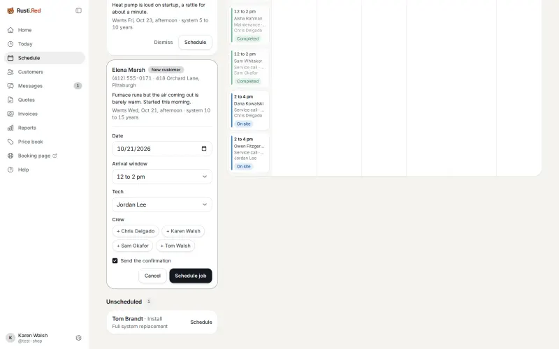 Elena’s request on Schedule, open to its date, arrival window, and tech, with Schedule job.