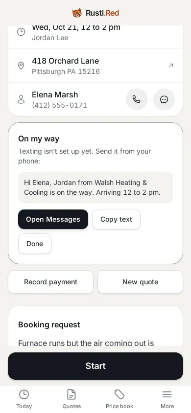 The on-my-way text ready to send from his phone, with Start at the bottom.