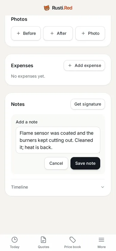 The note: what he found and did, with Save note.