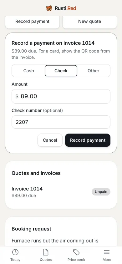 Check chosen, the $89.00 filled in, and Record payment.